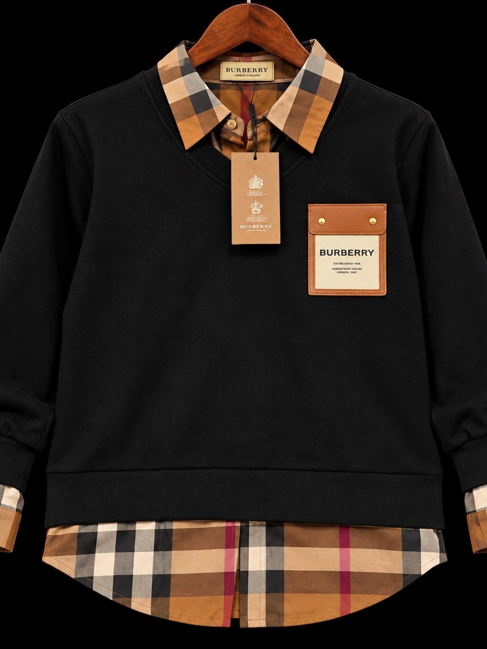 Burberry Black V-Neck Sweater with Vintage Check Collar